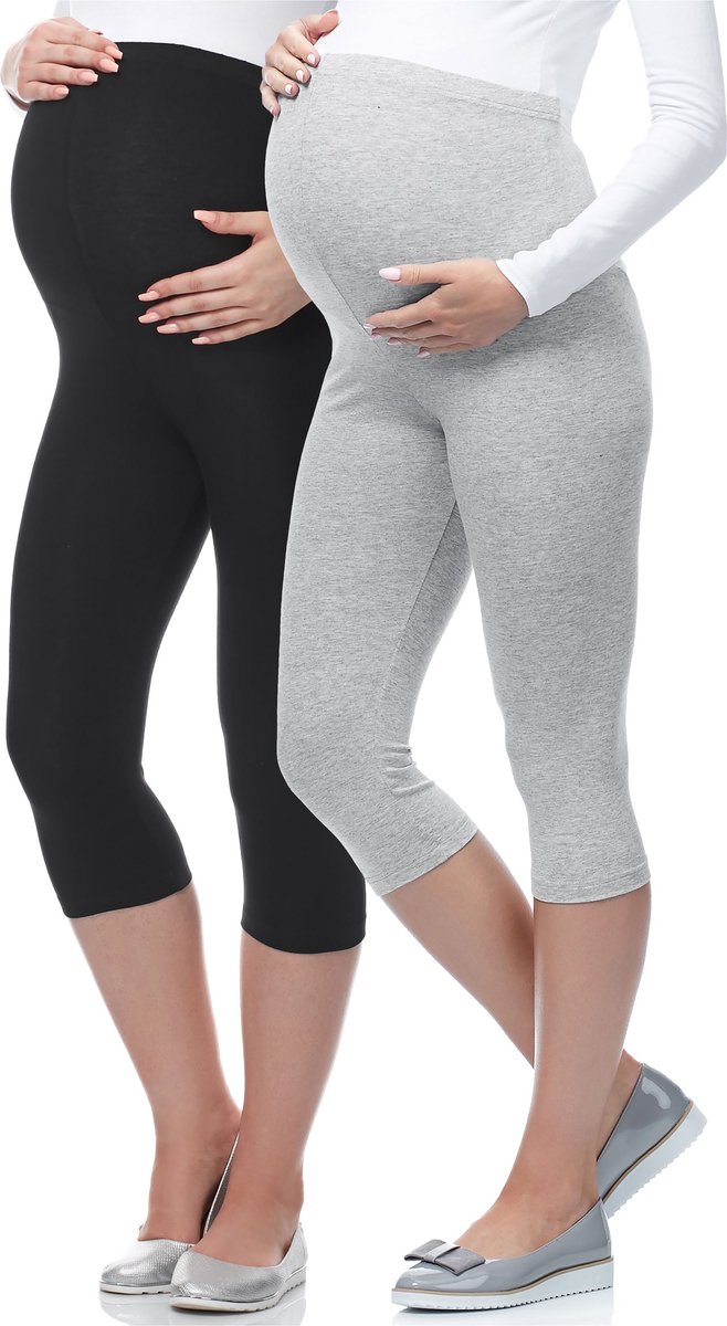 Be Mammy Dames Leggings - Zwangerschapskleding - Capri - Viscose - 2Pack - BE-Leggings-03-2P - Zwart/Melee - XXL