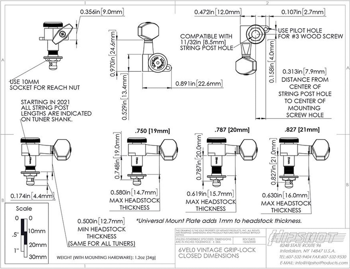 Hipshot HS6K1VEL0CS vintage guitar tuner upgrade kit, 6 inline Grip-Lock, closed chrome staggered