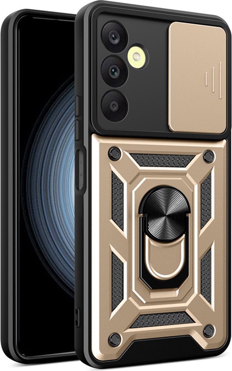 MobyDefend Hoesje - Geschikt voor Samsung Galaxy A25 - Pantsercase Met Draaibare Ring - Goud