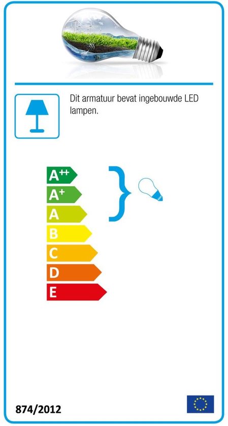 Étiquette énergétique pour l'éclairage avec une échelle de A++ à E et le texte 'Ce luminaire contient des lampes LED intégrées'.
