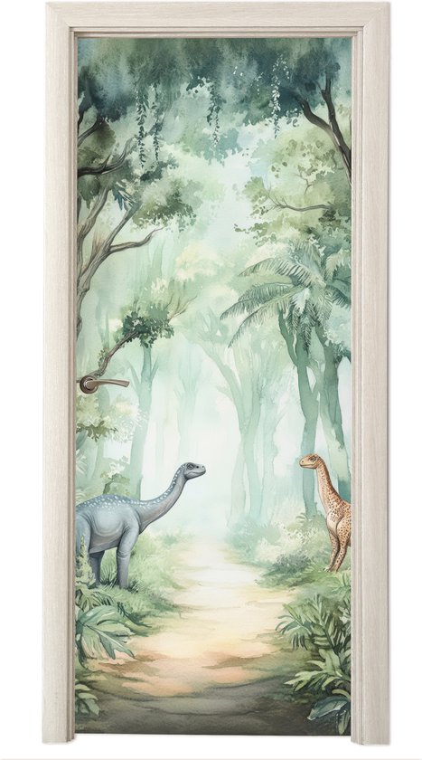 Deurposter 80x205 cm - Deursticker Dino - Jungle - Dinosaurus - Groen - Meubelfolie zelfklevend - Deurfolie woonkamer - Interieurfolie kinderkamer - Kamer decoratie - Babykamer accessoires - Deurbehang sticker