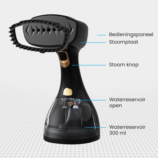 Gedetailleerde opname van de zwarte kledingstomer met een transparant waterreservoir van 300 ml. Labels wijzen naar bedieningspaneel, stoomplaat en waterreservoir.