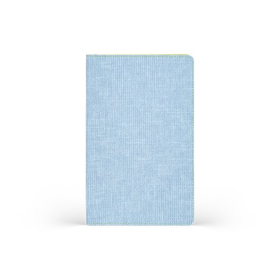 Carnet bleu clair avec une texture lin et des passepoils verts.