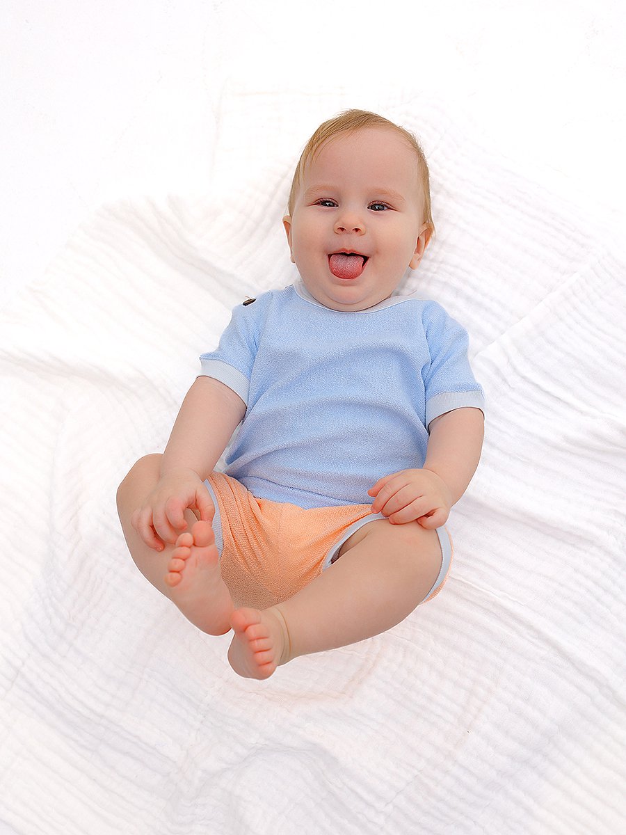 RobyKris Baby T-shirt & broekje - Tweedelige set - Blauw/perzik - Maat 74-80