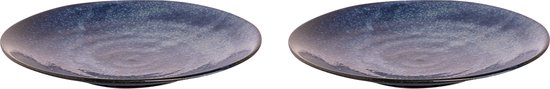 Twee ronde, platte blauwe, gespikkelde borden met een spiraalpatroon.