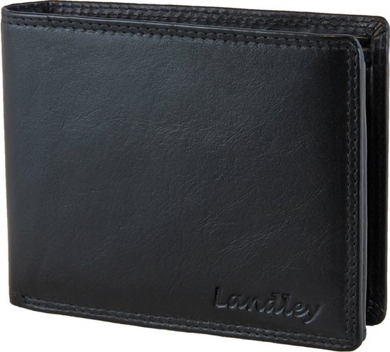 Zwarte leren portemonnee met 'Landley' logo, gesloten.