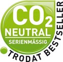 Logo Trodat vert avec le texte blanc 'CO2 NEUTRAL SERIENMÄSSIG' et 'TRODAT BESTSELLER'.