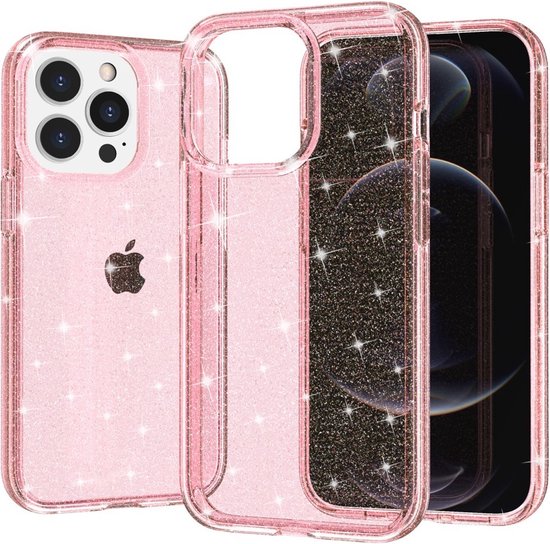 Coque de téléphone rose pailletée avec logo Apple, partiellement ouverte pour montrer le téléphone.
