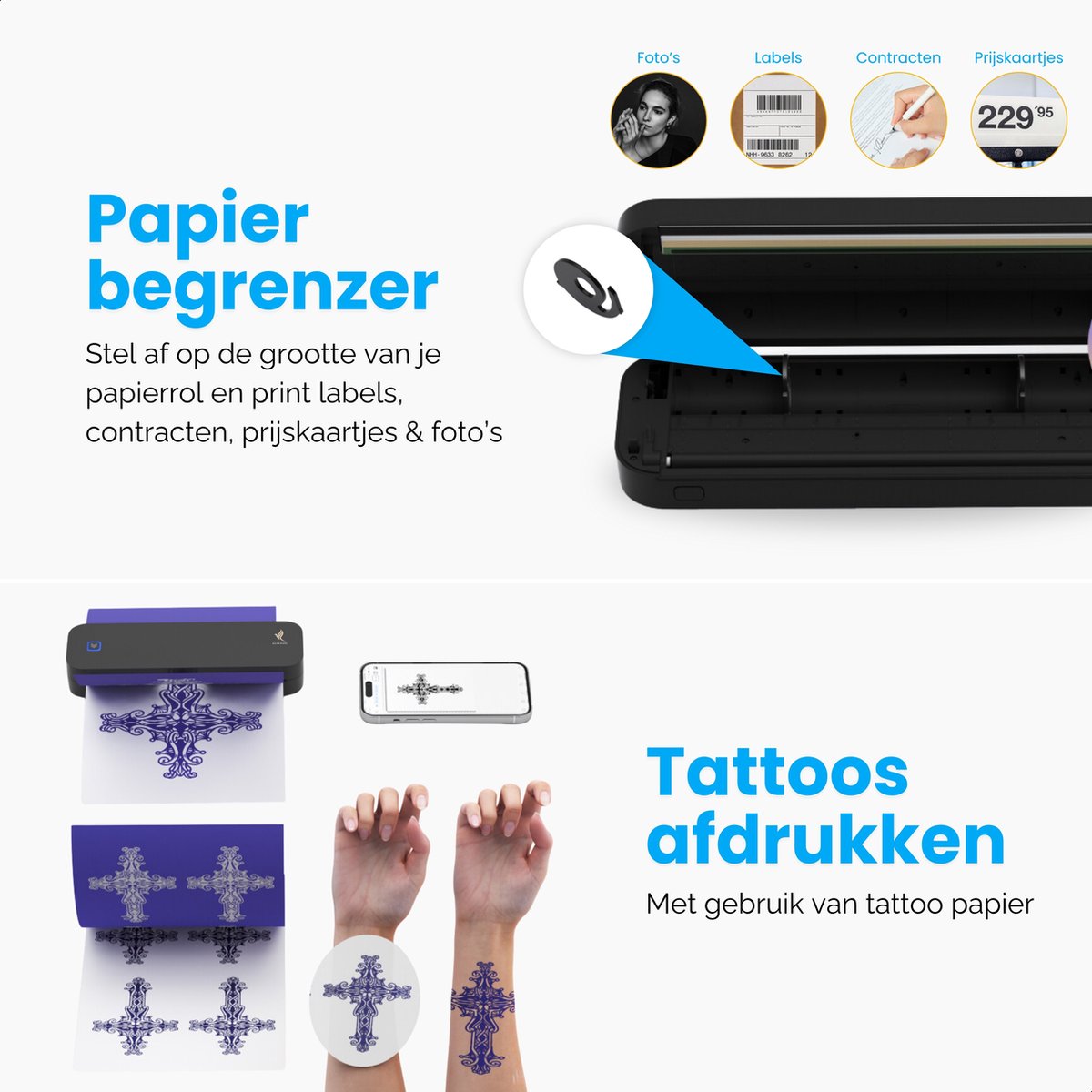 NovaWare® Thermische Printer A4 - Sticker Printer - Pocket Printer - Mini Printer voor Mobiel / Laptop / tablet - Verzendlabel - Barcode - Tattoo - Portable Printer - Shipping Label - Zwart — afbeelding 7