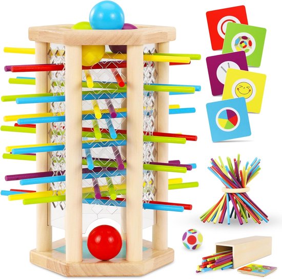 Foto: Ophy houten bordspel montessori speelgoed met kleurrijke stokjes dobbel en kaartspel kerplunk spel voor kinderen educatief telspeelgoed voor kinderen van 3 4 5 en 6 jaar fijne motoriek familiereisspel