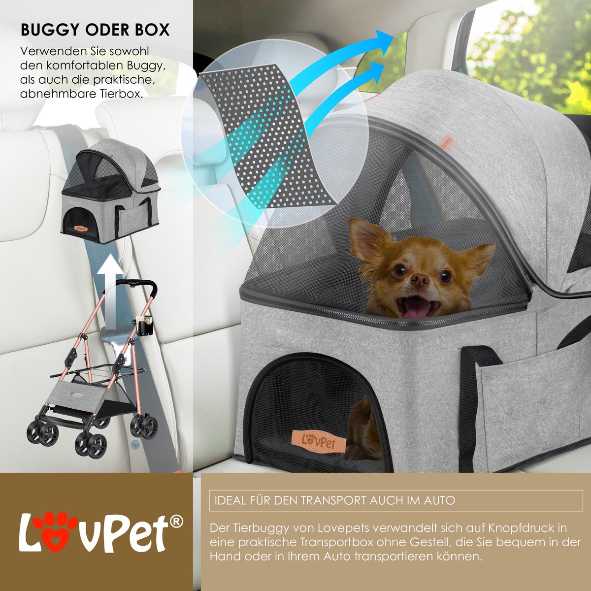 LOVPET® Hondenbuggy 2in1 Huisdieren Wandelwagen Buggy met Transporttas Opvouwbaar tot 20 kg Hondenwandelwagen met Gaasramen & Regenhoes Jogger Kattenbuggy voor Kleine Honden Katten Hondenbox - Lichtgrijs – foto 8
