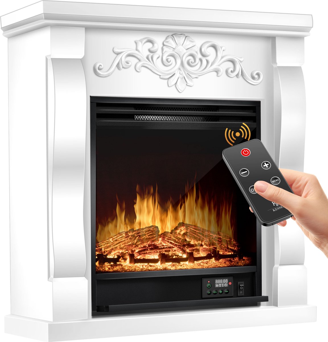 KESSER® Sfeerhaard Elektrisch Haard 1800W met LED Vlammen Dimbaar - Electrische Kachel met Timer & Afstandsbediening - Elektrische Verwarming met Thermostaat - Villa Wit