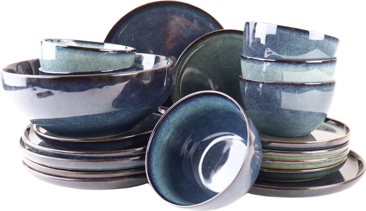 OTIX Serviesset - 19-delig - Bordenset - Saladeschaal - Ontbijtborden - Dinerborden - Soepkommen - 6 Persoons - Blauw - Gebaksbordjes - EBONY