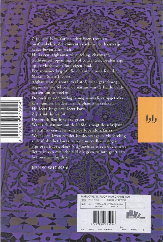 Boekomslag met paarse en gouden patronen en tekst over Amor in Afghanistan. Streepjescode en ISBN nummer.