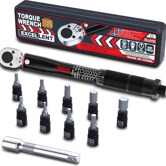 Hairich 1/2 inch automomentsleutel, 40-210 Nm, TÜV Süd GS getest, set van 6 momentsleutels met 125 mm verlenging, 1/2-3/8 adapter en 3 dopsleutels, voor het wisselen van banden en