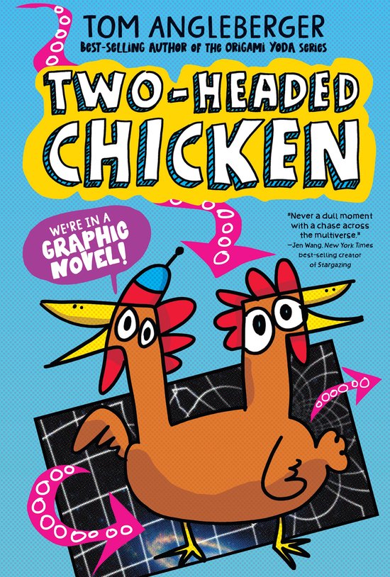 Boek "Two-Headed Chicken" met een oranje cartoon-kip met twee hoofden, twee paar ogen en rode kammen, staand op een zwarte mat. De titel is in grote, kleurrijke letters.