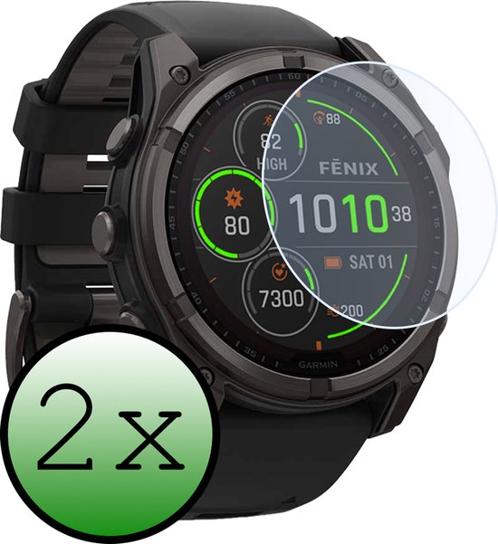 Garmin Fenix met screenprotector. "2x" geeft aan dat het om twee stuks gaat. De screenprotector is onzichtbaar op de smartwatch.