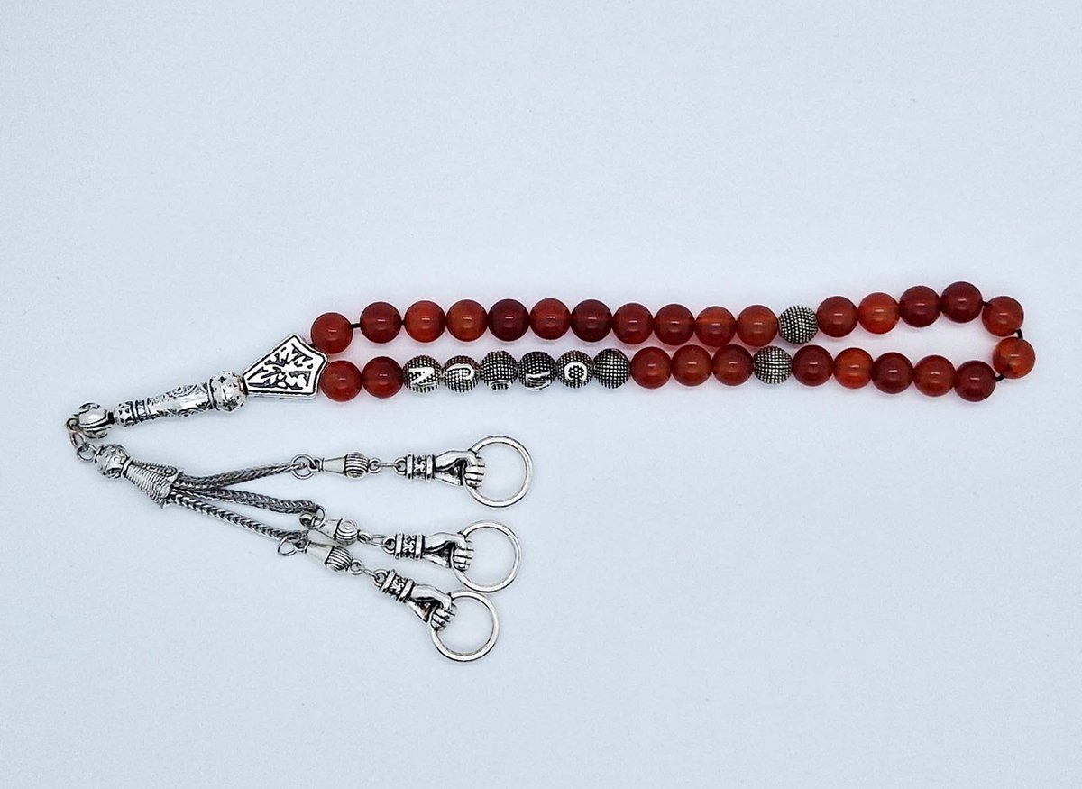 Handgemaakte naam tasbih 33 Kralen Natuursteen “Rood Agaat” - met metaal tassel “ Hand"- Met je naam of de naam van uw geliefde- 8 mm diameter van de korrel