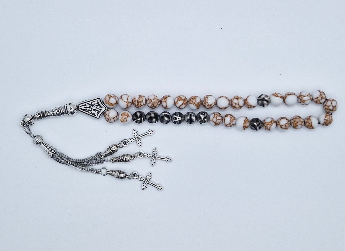 Handgemaakte naam tasbih 33 Kralen Natuursteen “Wit howliet gesponnen goud” - met metaal tassel “ Kruis"- Met je naam of de naam van uw geliefde- 8 mm diameter van de korrel