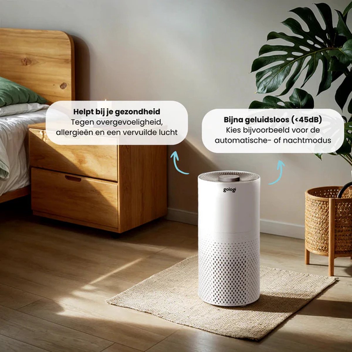 Gologi Luchtreiniger - Air Purifier Tegen Huisstofmijt, Hooikoorts, Allergieën en Stof - Vervangbaar HEPA 13 filter en Koolstoffilter - 210m³/h - Met App - Wit — afbeelding 2
