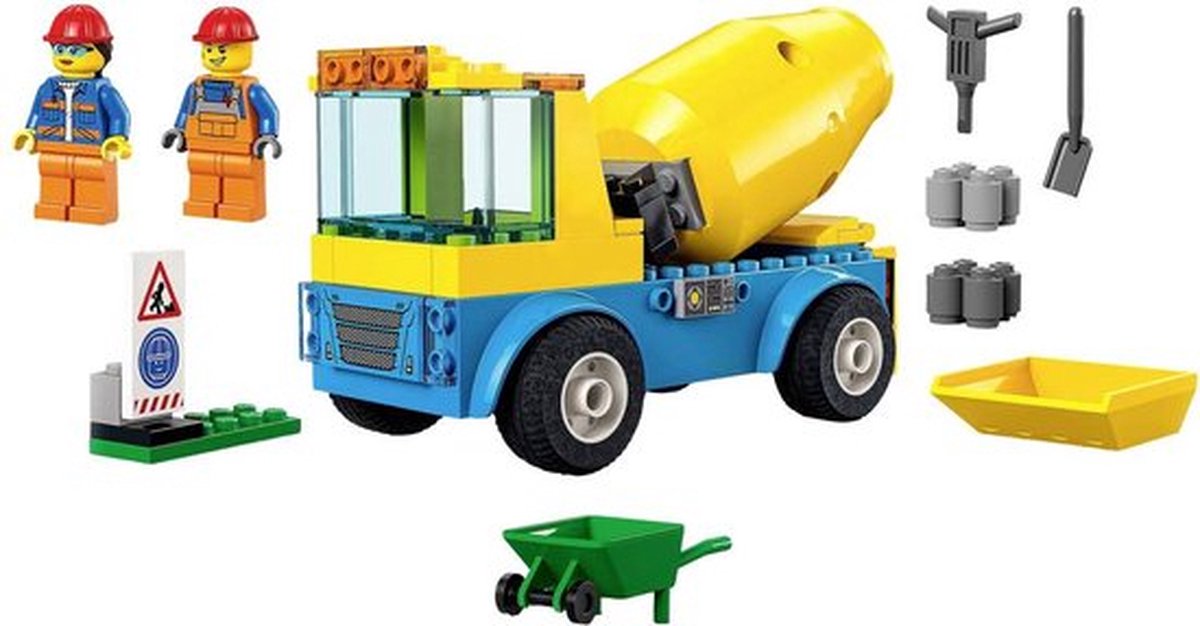 LEGO® City Cementwagen 60325 bouwset; met een ronddraaiende mengtrommel, plus een bord voor wegwerkzaamheden, drilboor, kruiwagen en minifiguren van wegwerkers; bouwvoertuig voor kinderen vanaf 4 jaar (85 onderdelen) — afbeelding 23