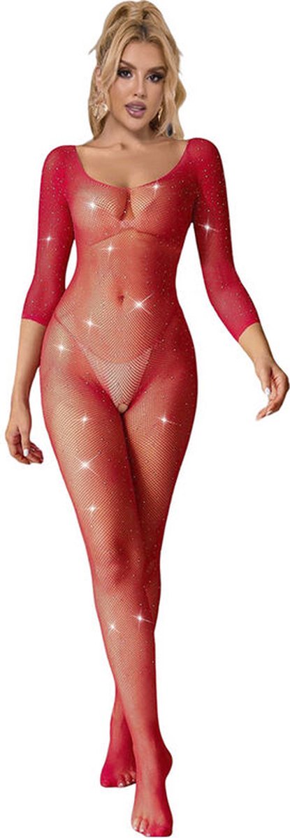 Goedkoopste SUBBLIME - 952419 VISNET BODYSTOCKING MET DIAMANTJES LANGE MOUW ROOD ONE SIZE | LINGERIE | SEXY LINGERIE | EROTISCHE LINGERIE | BODYSTOCKINGS | CATSUIT | EROTISCHE CATSUIT