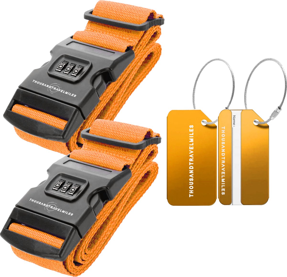 Bol.com Kofferset 4 delig – Kofferriem met cijferslot – Aluminium bagagelabels – Bagageriem – Kofferlabels – Oranje – Thousandtr... aanbieding
