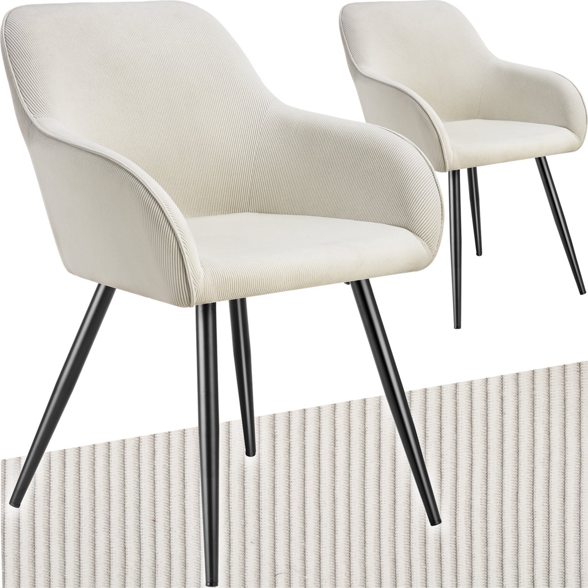 tectake® Eetkamerstoel Marilyn - Gestoffeerde Stoel met Koordlook/ribstof - Zwarte Stoelpo