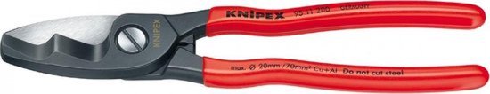 Knipex tang met rode handvatten, metalen bek en tekst 'KNIPEX 95 11 200 Germany'.