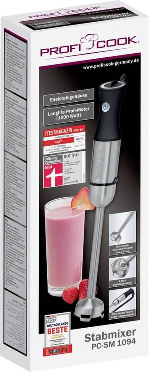 ProfiCook Hand Blender 1000 W, Extra Long Mixing Rod, Quiet Running DC Motor, Ice Crush Function, Purée Stick with 4-Way Knife, Also Suitable for Hot Food, Mixing Stick, Hand Blender, PC SM