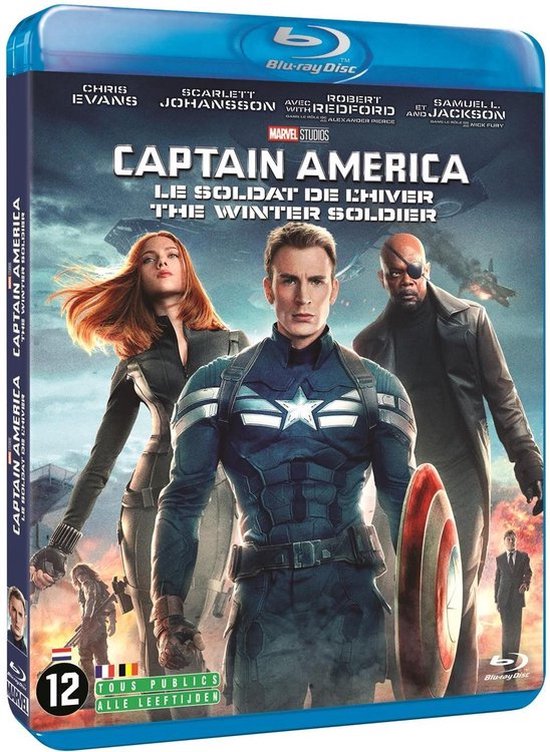Blu-ray hoes van Captain America: The Winter Soldier. Captain America in blauw en zilver, Black Widow in zwart, en Nick Fury in donkere kleding.