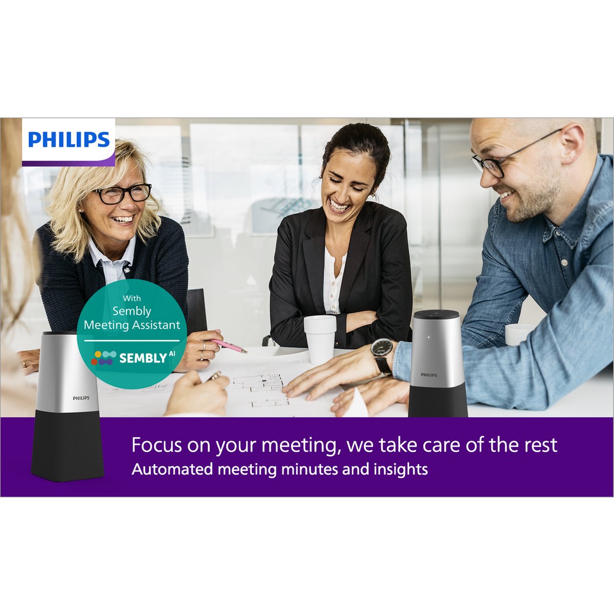 Afbeelding 3 van Philips SmartMeeting PSE0540 - draagbare conferentiemicrofoon incl. Sembly - 360° Bluetooth microfoon - Automatisch notuleren: Microsoft Teams/ Zoom/ Google Meet/ GoToMeeting - Sembly Ai spraak-naar-tekst cloudsoftware/ spraakherkenning