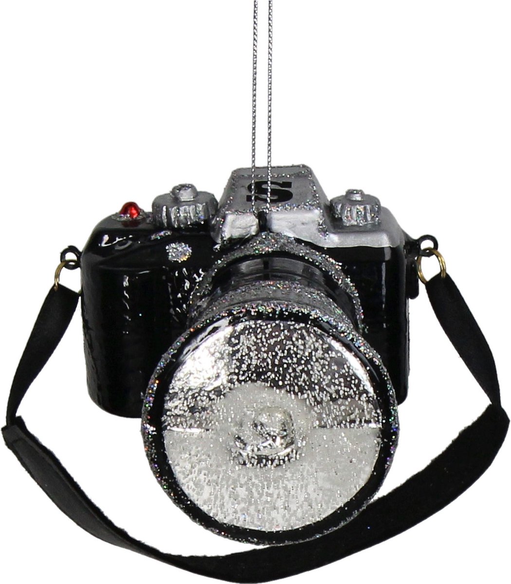 Ornament kerstbal Camera Glas Zwart 12.1 cm
