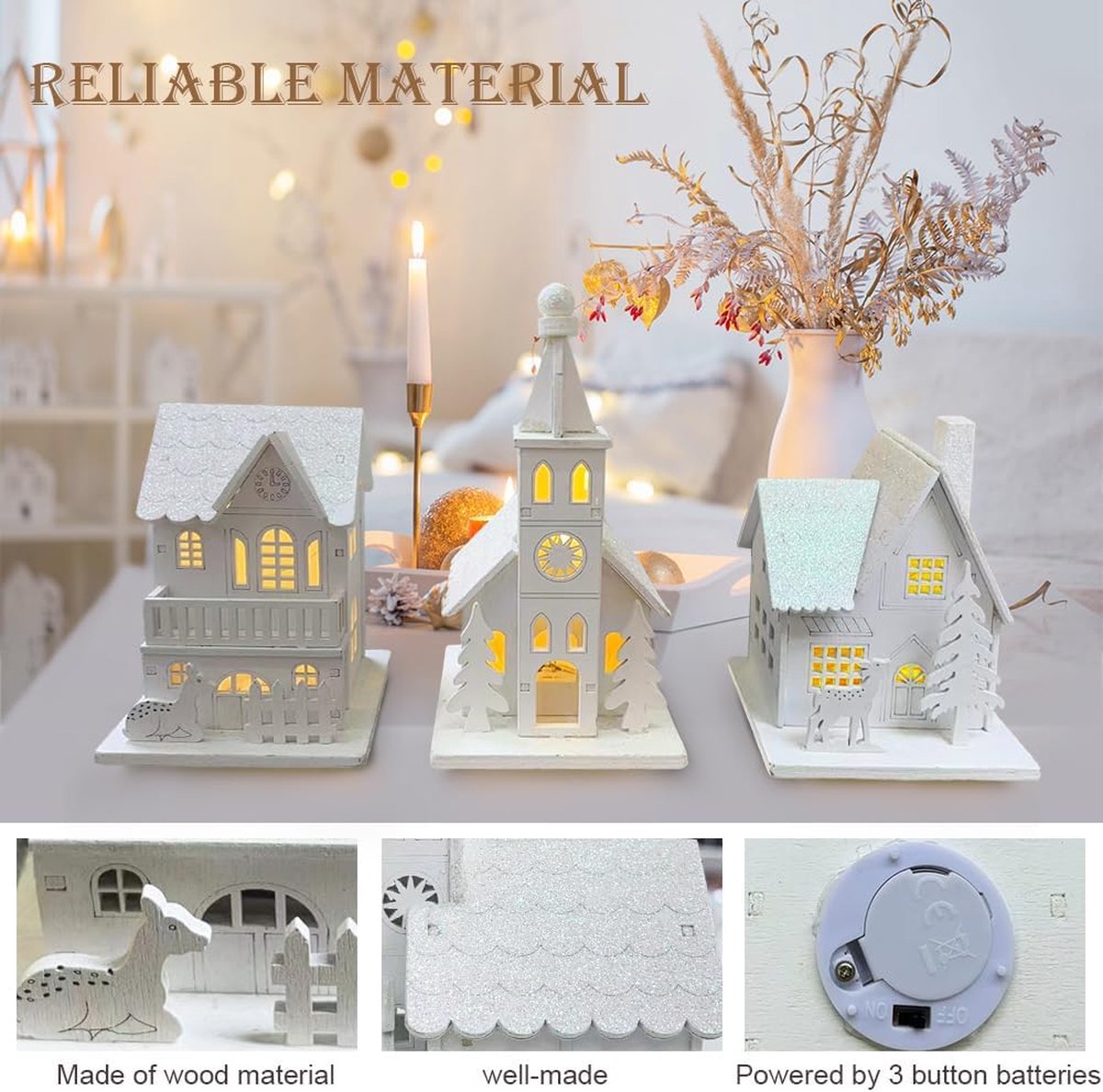Set van 3 kerstdorpen met verlichting - kabouterhuis met licht - led-houten kerstdecoratie - kerstdecoratie - Amerikaanse kerstdecoratie - binnendecoratie - mini-kerststad – foto 4