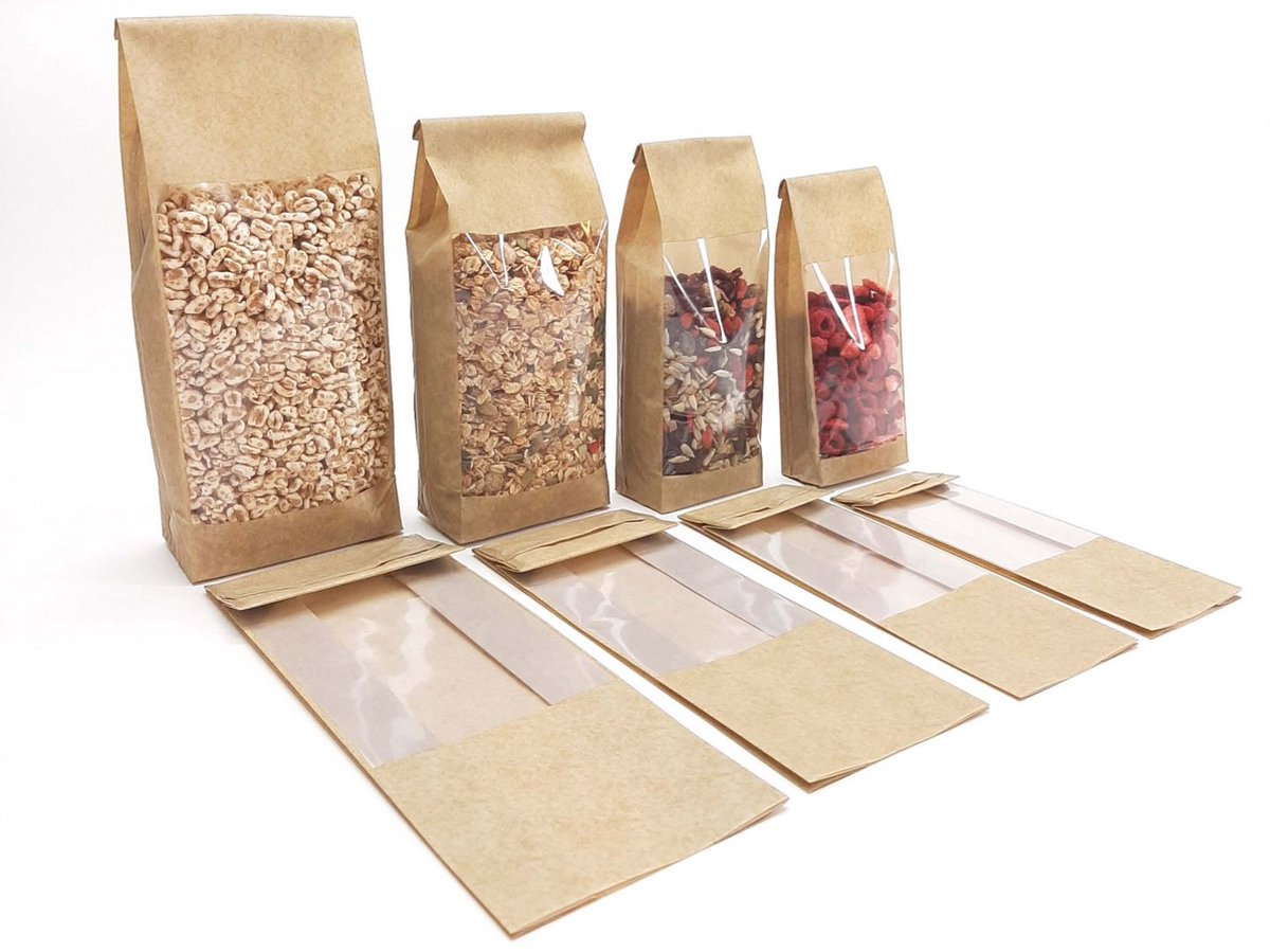 Blokbodemzakken Bruin kraftlook 60my + venster 8+5x25cm (50 Stuks) | Uitdeelzakjes