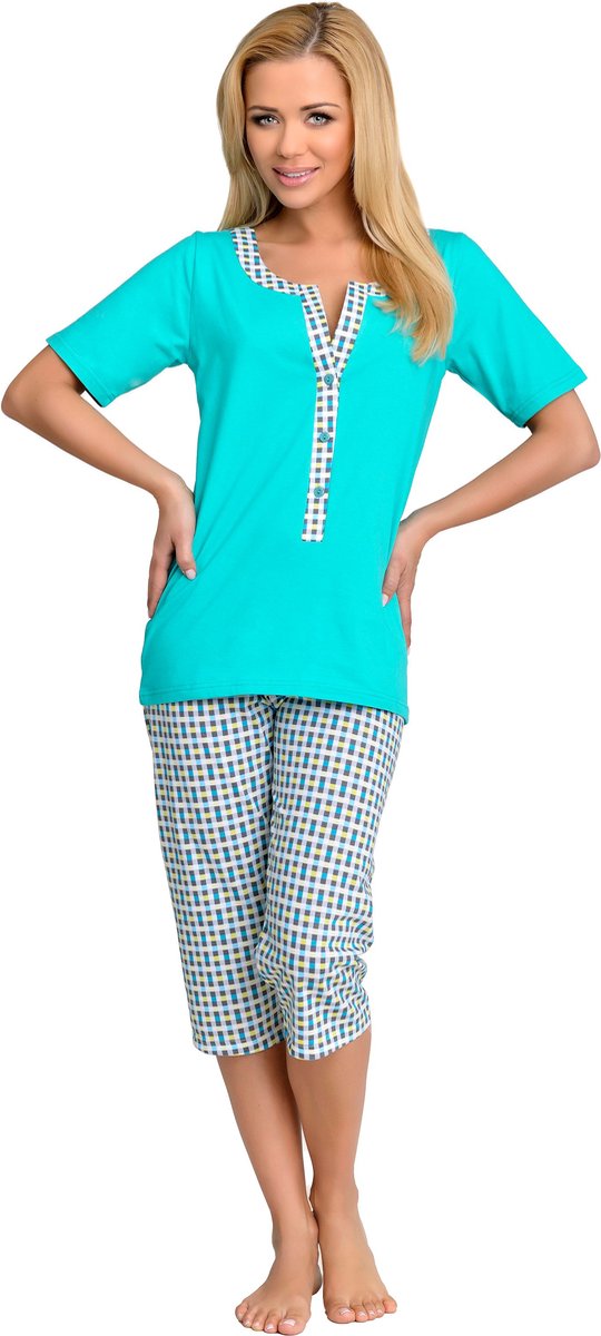 Be Mammy Dames Pyjama – Verpleegpyjama - Korte mouwen - Korte broek - Katoen – Turkoois – S – BE-TR-988