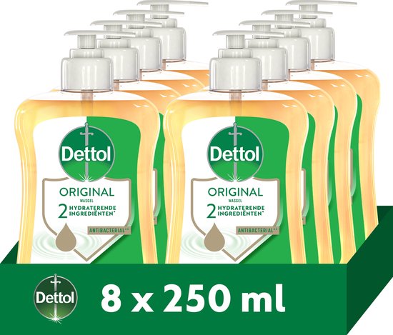 Acht flessen Dettol Original handzeep van 250 ml op een zwarte standaard.