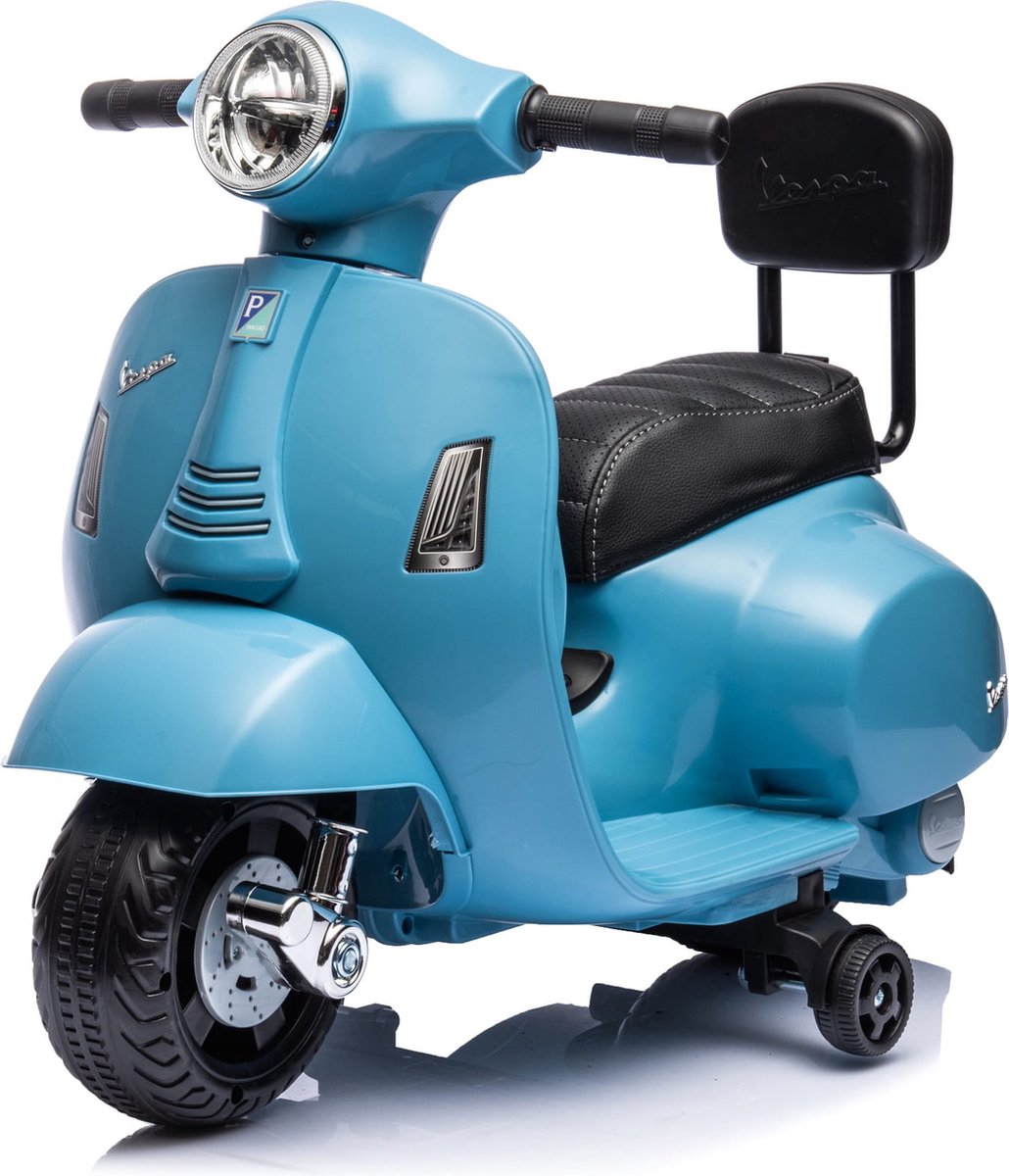 Vespa Elektrische motorfiets, kindermotorfiets met claxon, gaspedaal, licht, zijwielen (Blauw met rugleuning) Vespa Elektrische motorfiets, kindermotorfiets met claxon, gaspedaal, licht, zijwielen (Blauw met rugleuning)