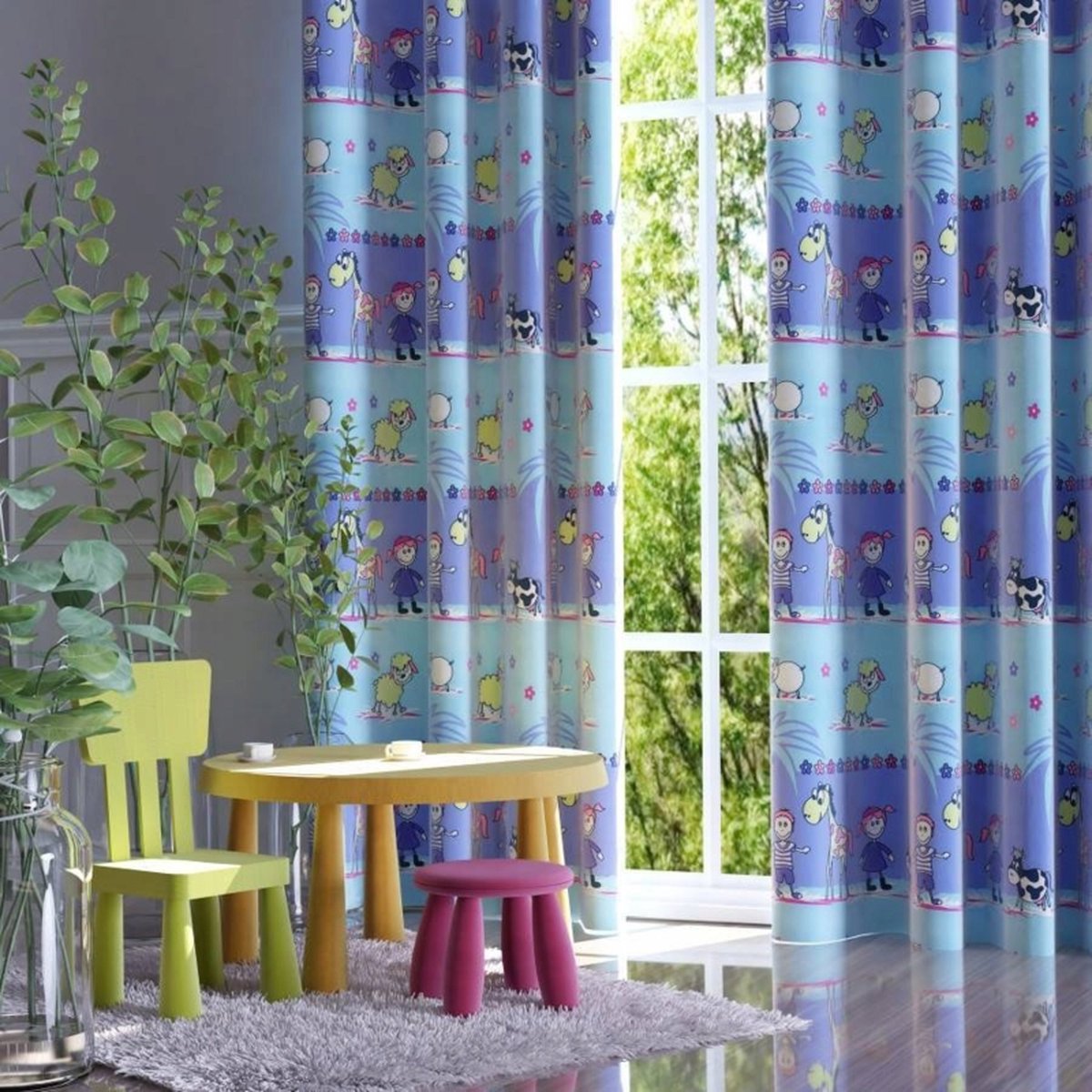 Wisan Lam - Gordijnen: 2 stuks van 150 x 240 cm - Kinderkamer gordijn van stof met dierenmotieven- blauw- 150 x 240 cm
