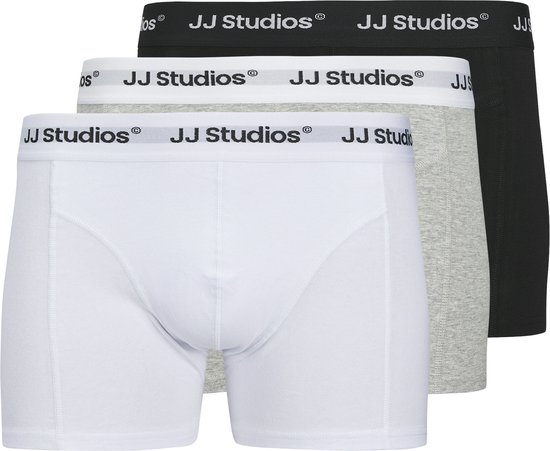 Drie boxer shorts in wit, grijs en zwart met bijpassende logo-banden van JJ Studios.