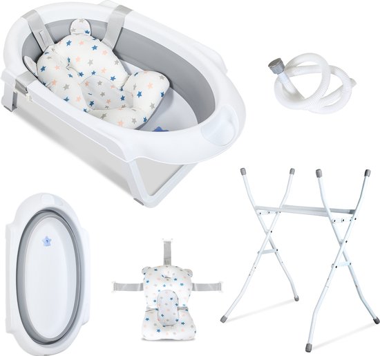 Babybadje Opvouwbaar - Babybad met standaard - Peuterbadje - Opvouwbaar bad kinderen - Incl Badkussen - Grijs