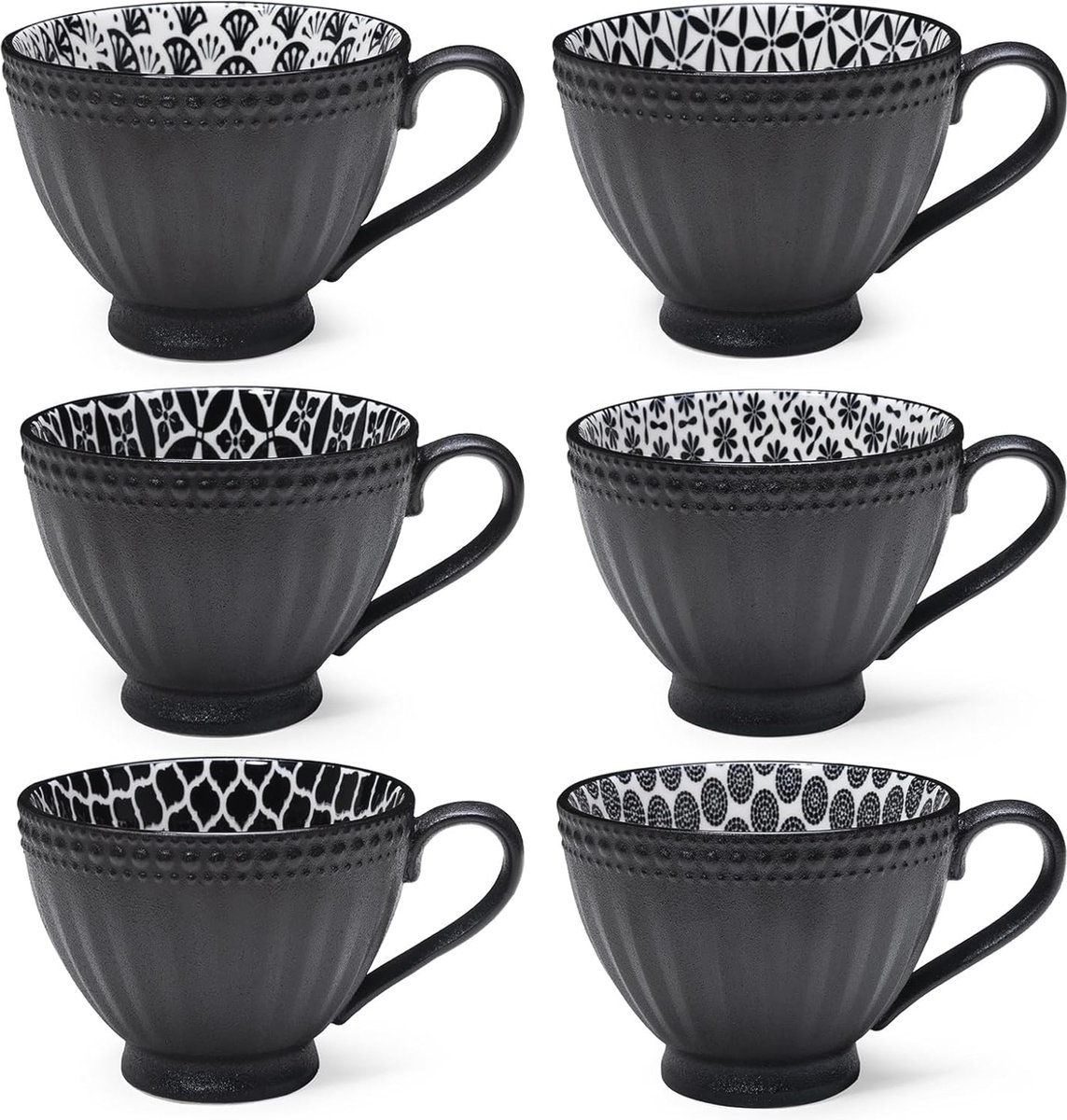 Koffiemokken Set van 6 - Zwarte Keramische Theekoppen met Grote Handgrepen, 350 ml, Vaatwasmachinebestendig voor Koffie, Thee en Cacao