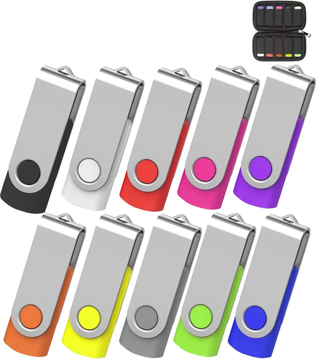 Image of 64 GB USB 2.0 Flash Drives - 10-Pack in Assorted Colors with Storage Case