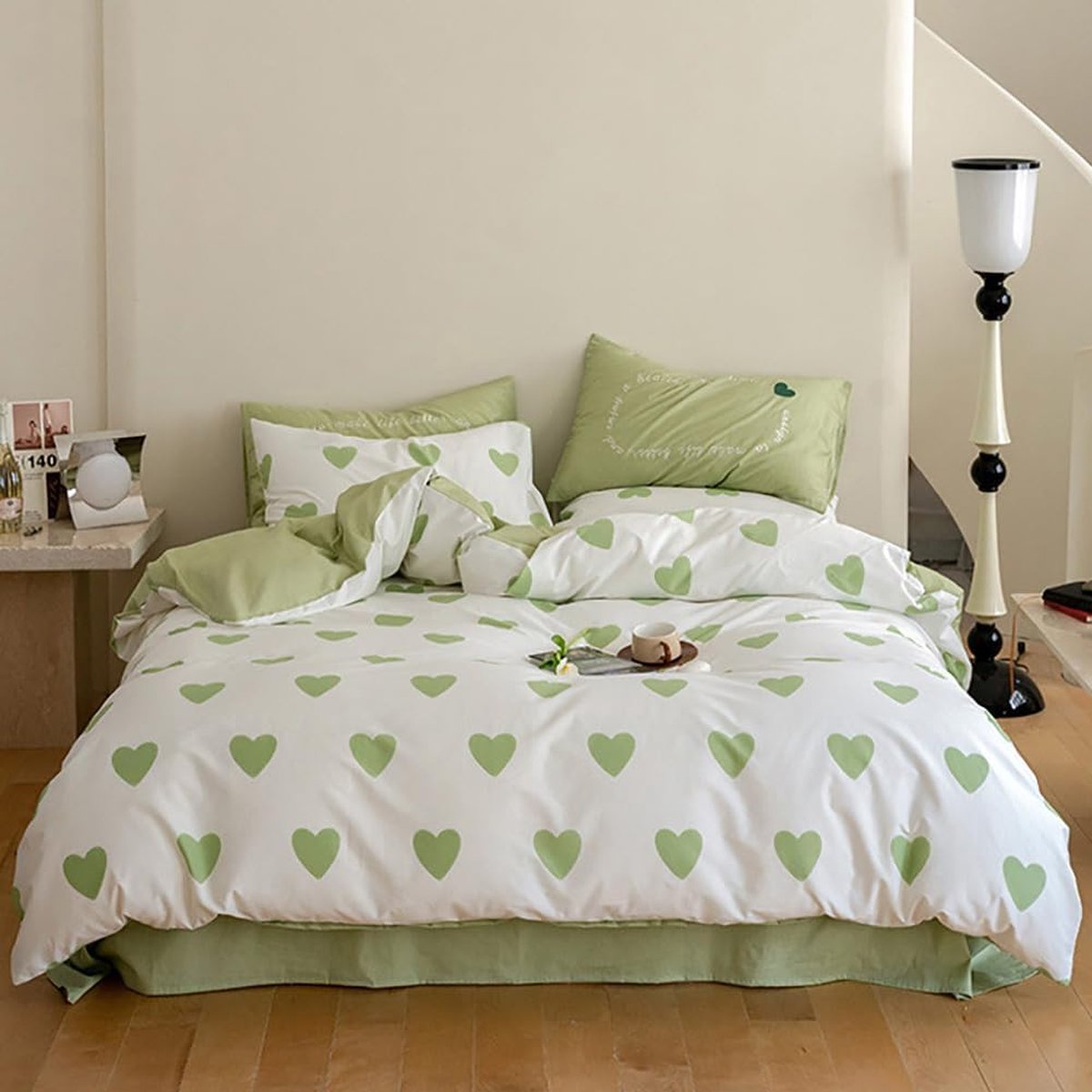 JGS ® Beddengoedset met Groene en Witte Hartjes voor een Stijlvolle Slaapkameruitstraling