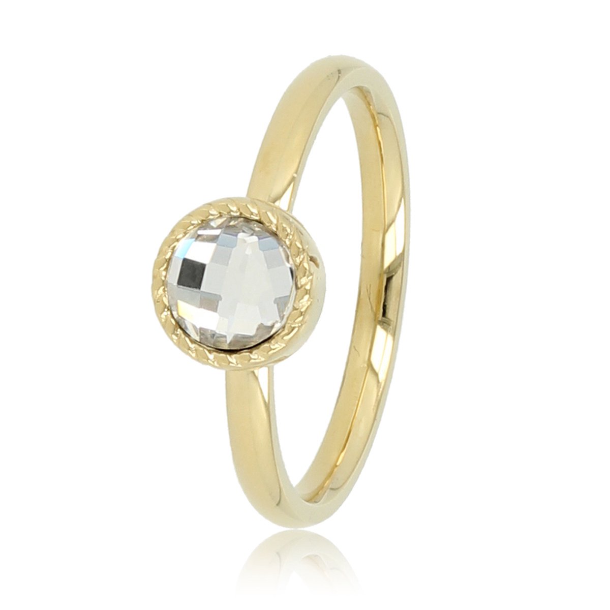 My Bendel - Goudkleurige Ring met Kristal Glassteen - Ring met Ronde Glassteen & Getwist Randje • Kristal • Goudkleurig - met Luxe Cadeauverpakking | Sieraden Voor Dames | Maat 19.00 Mm / Maat 60