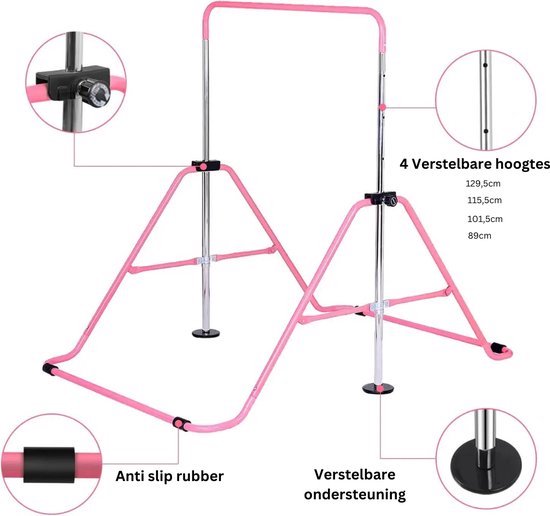 Rekstok voor Kinderen - Duikelrek voor Thuis - Turnen - Gymnastiek - Opvouwbaar - Binnen en Buiten - In Hoogte Verstelbaar - Jongens en meisjes - Roze