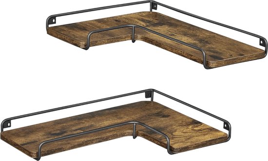 MAZAZU - Industriële Hoekplank - Wandplank van Hout en Metaal - Bruin - 29x40x4 cm - Set van 2