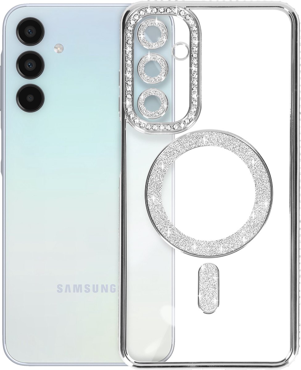 Avizar Diamond hoesje Geschikt voor Samsung Galaxy A15 MagSafe Omtrek Strass, Zilver