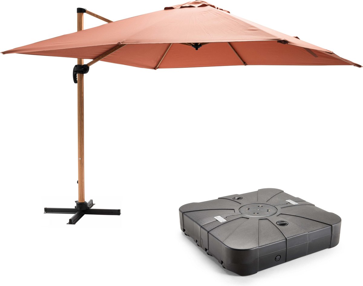 Luxe houtkleurige 3x3m Oviala parasol met verzwaarde wielen, ideaal voor tuin of terras.