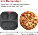 Vergelijking van de maat van de pan met 3 vakken (19cm) met een pizza van 8 inch.